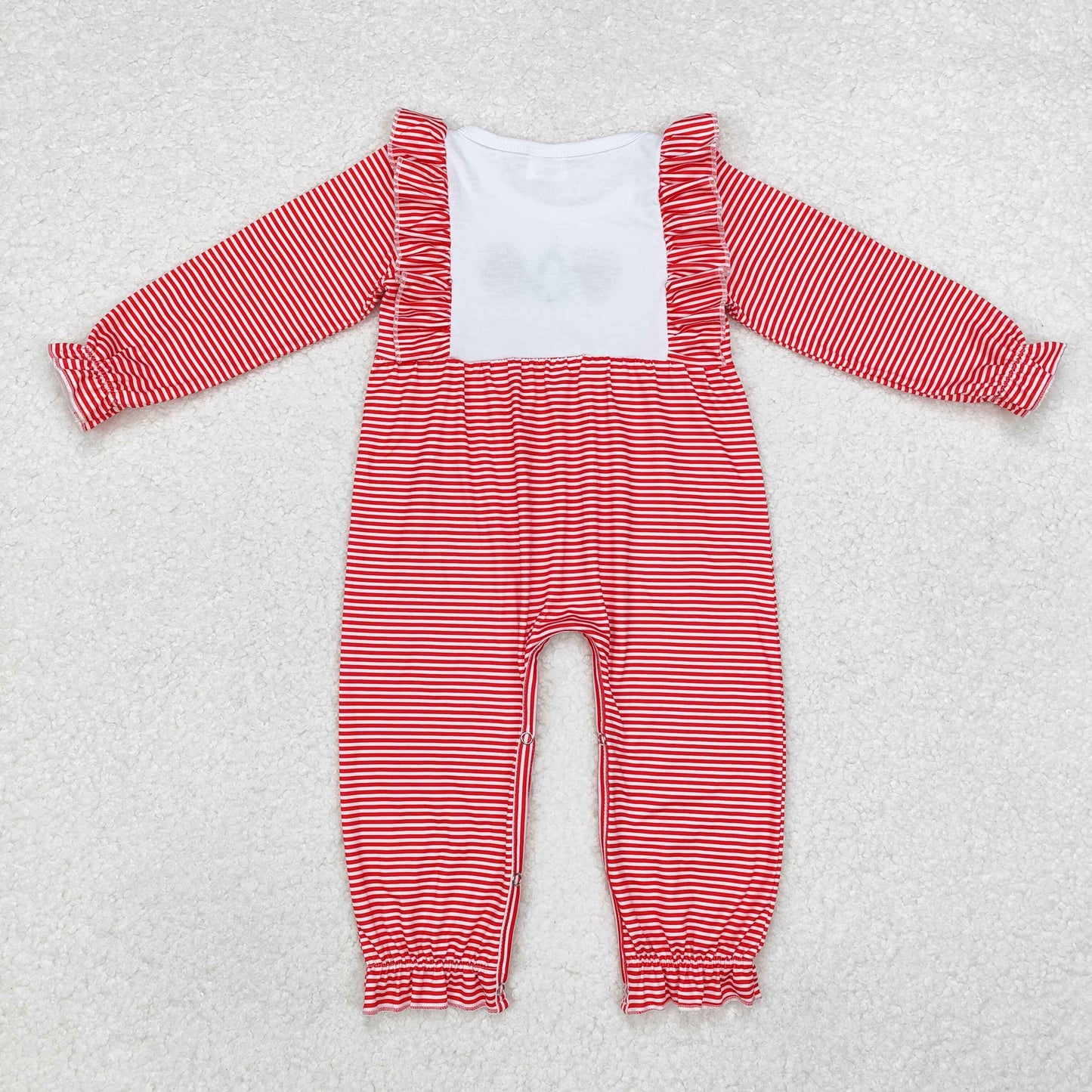embroidery LR1588 Christmas Santa tree red striped long sleeve girls romper