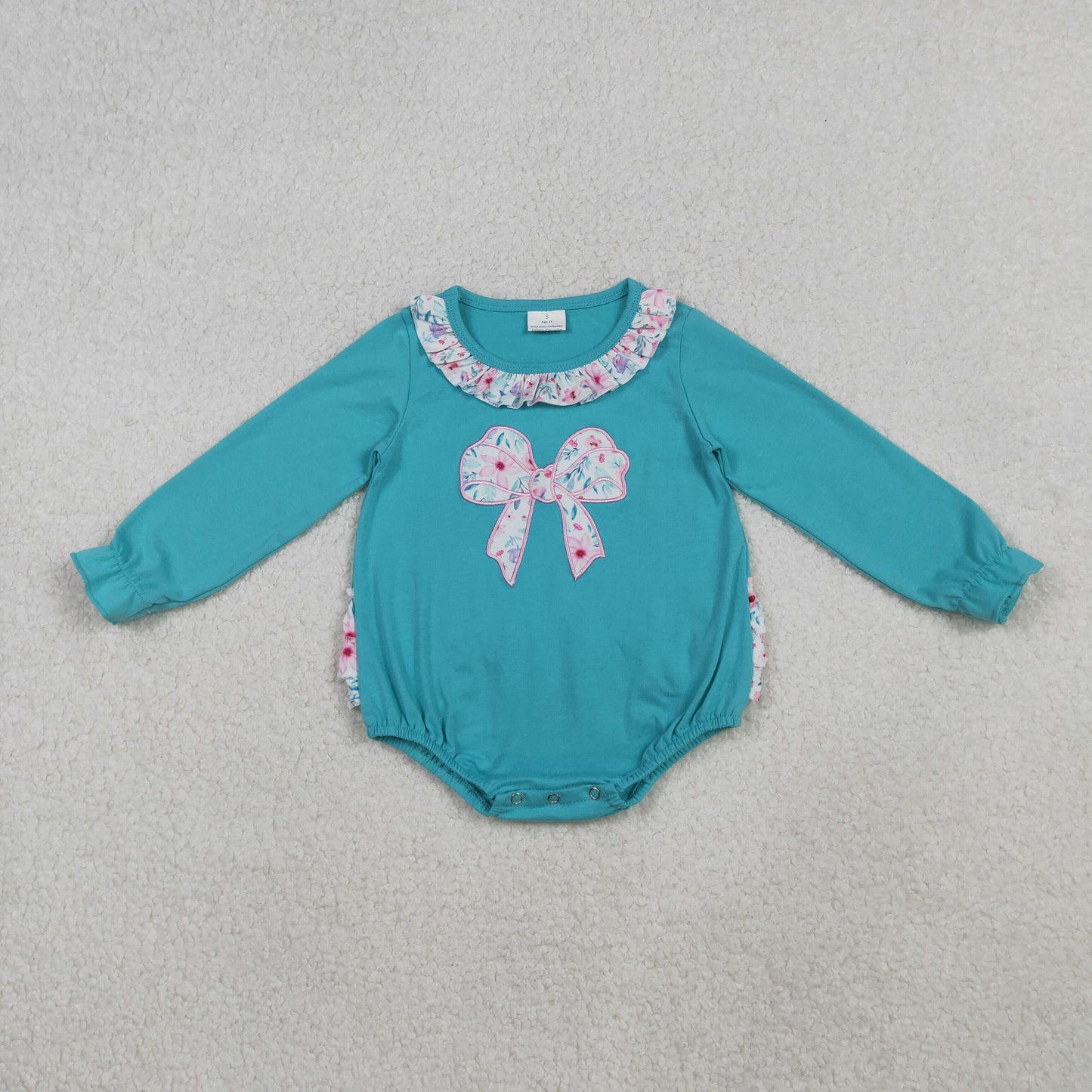 embroidery LR2432 mint color green flowers bow long sleeve girls romper