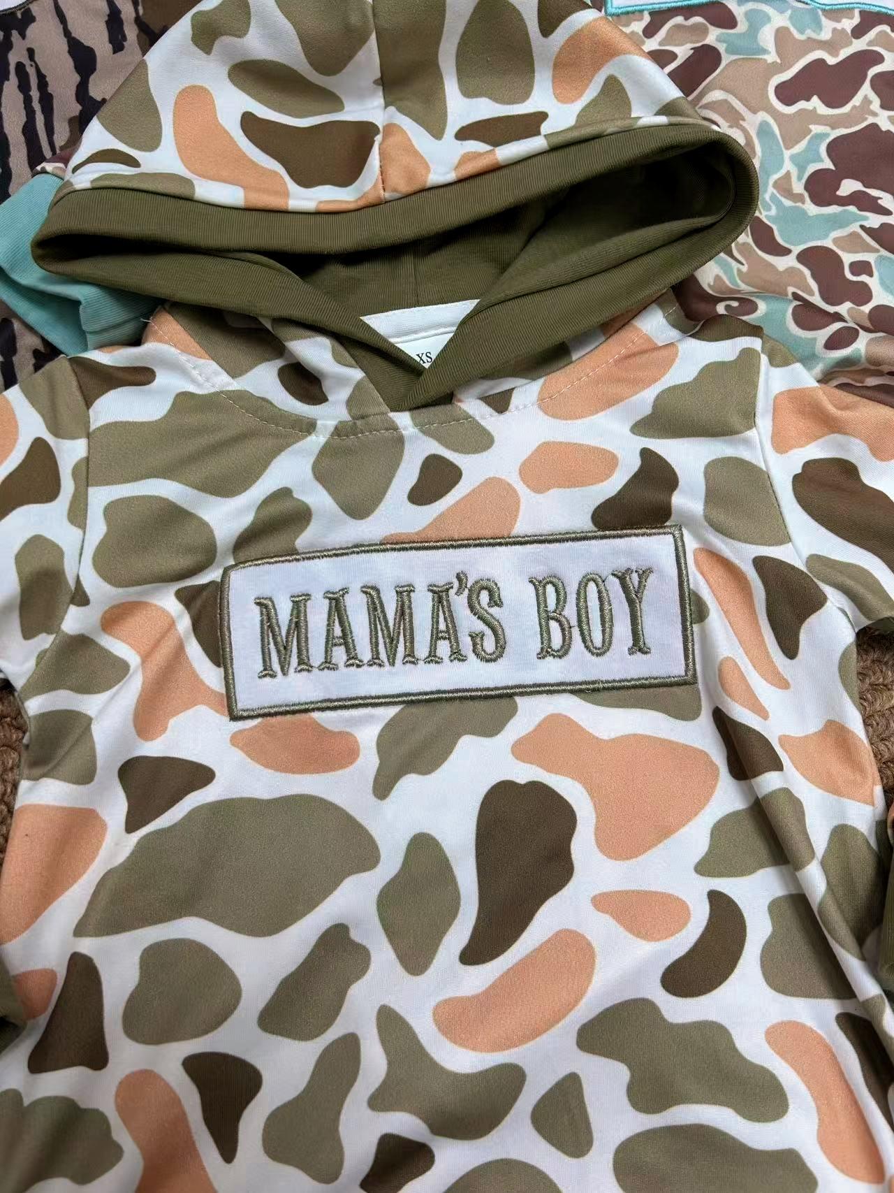 Embroidery Mama's Boy Camo Hoodie Boys Rompers Sibling Clothes RTS