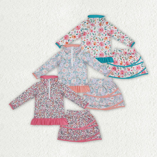 flowers zipper long slevee skirt with shorts set RTS sibling clothes