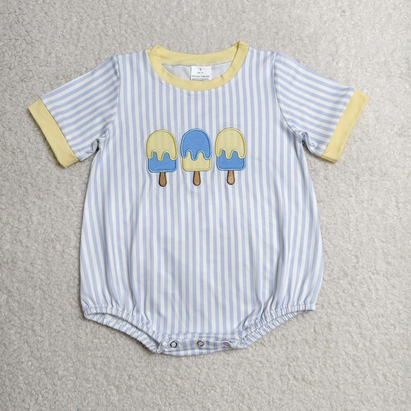 Embroidery SR4107 Cartoon Ice Blue Striped Short Sleeve Boys Romper