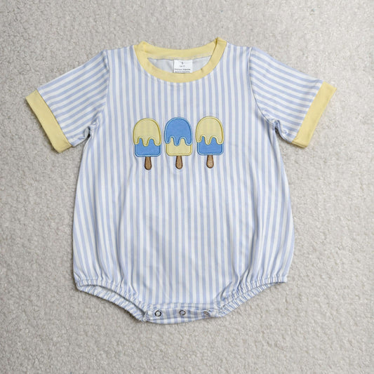 Embroidery SR4107 Cartoon Ice Blue Striped Short Sleeve Boys Romper