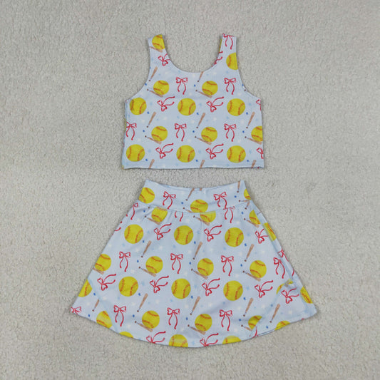 GSD3836 Yoga Softball Bows Blue Sleeveless Skorts Girls Set