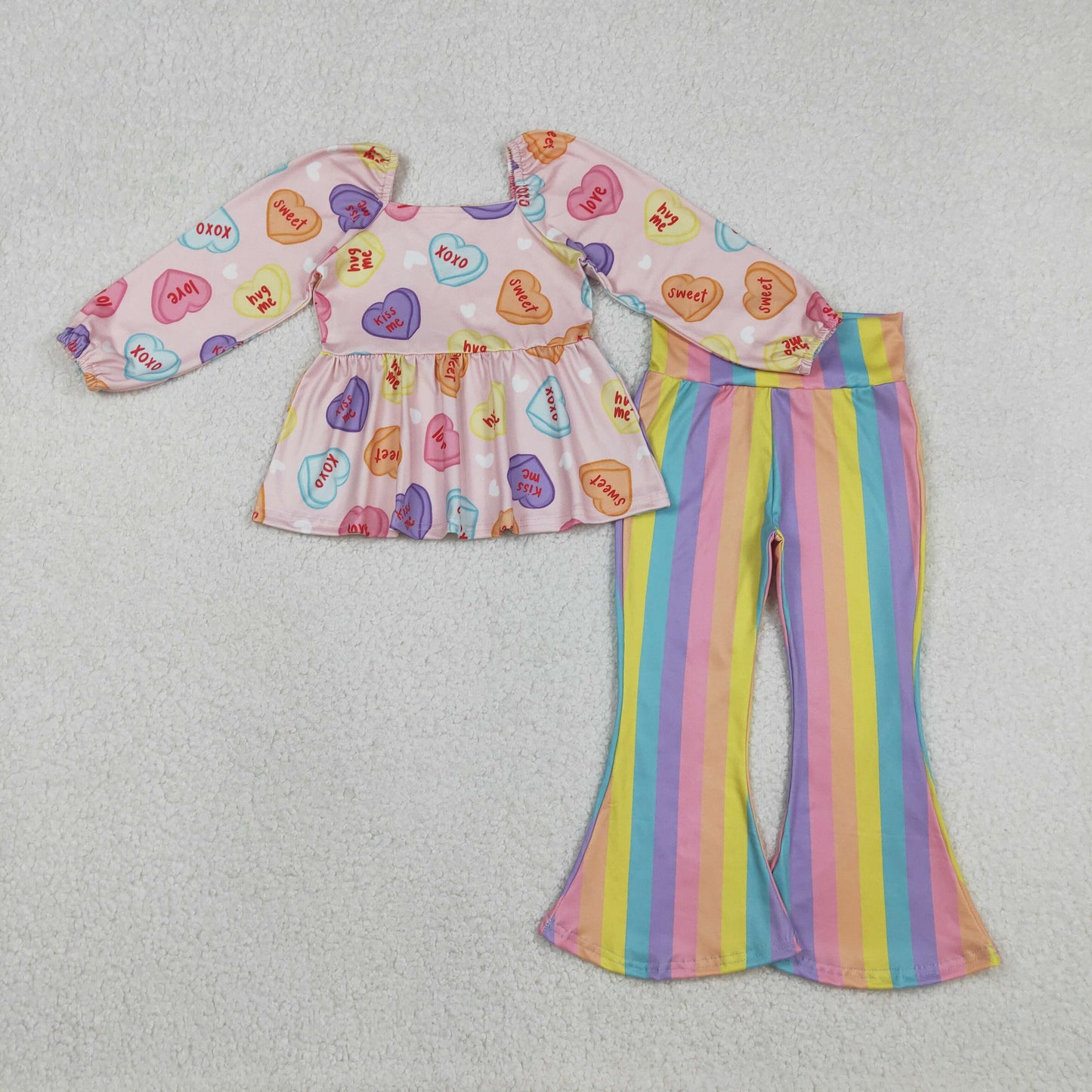 GLP3118 Valentine's Day Heart Be Mine Long Sleeve Rainbow Striped Pants Girls Set