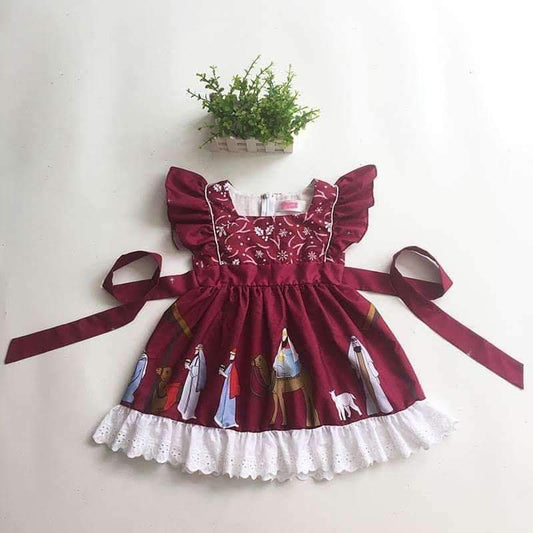 Custom red flutter sleeve twirl dress