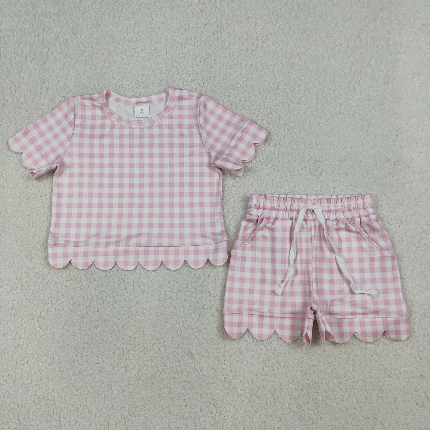 GSSO3183 Scallop Pink Checkered Short Sleeve Shorts Girls Set