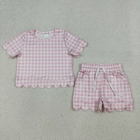GSSO3183 Scallop Pink Checkered Short Sleeve Shorts Girls Set