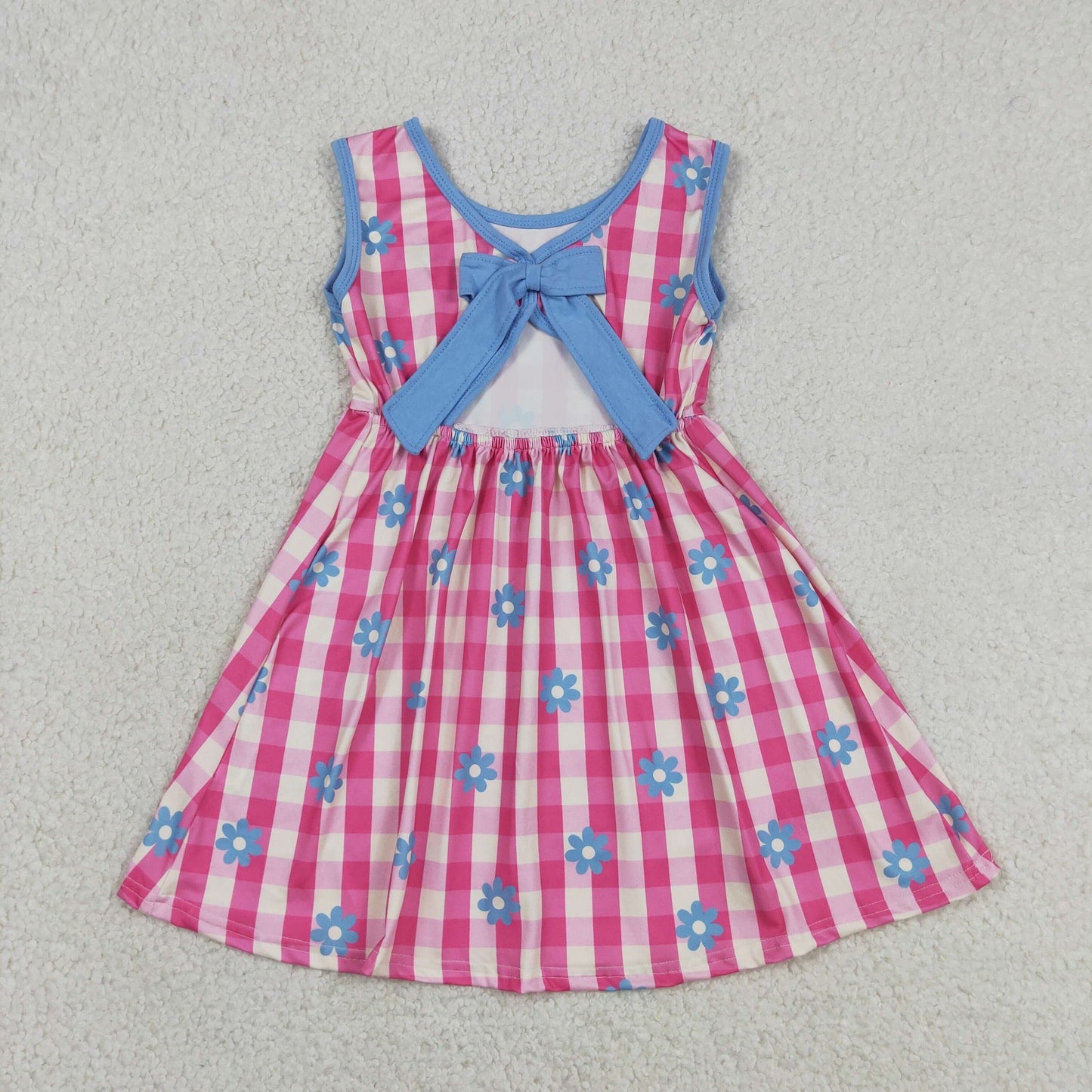 GSD4007 Flowers Bow Hot Pink Checkered Sleeveless Girls Dress