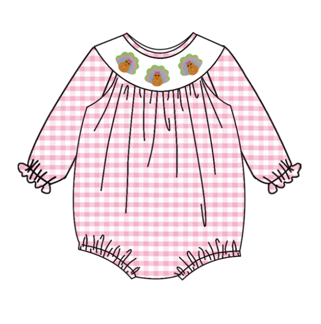 custom moq 3 Thanksgiving turkey pink checkered long sleeve girls romper
