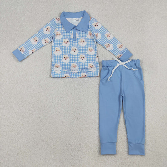 BLP1295 Christmas Santa blue checkered long sleeve blue pants boys set
