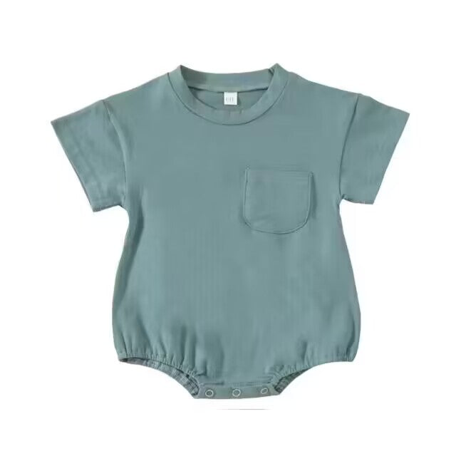 custom S blue pocket short sleeve girls romper no moq
