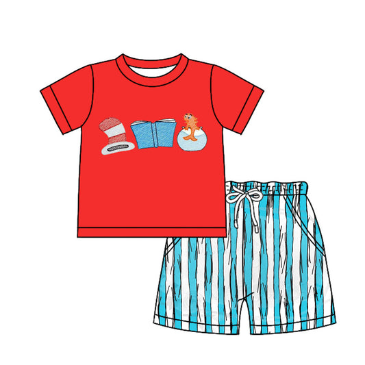 MOQ 3 Custom Cartoon Dr Book Fish Red Short Sleeve Blue Striped Shorts Boys Set