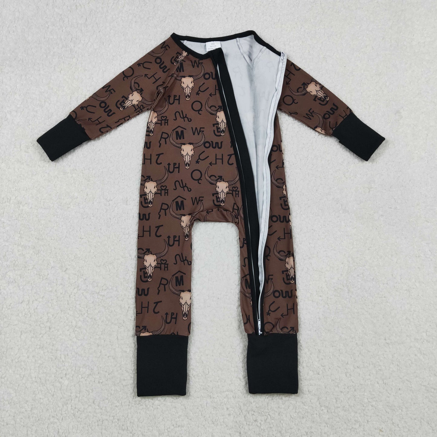 LR2591 Western cow brown zipper long sleeve boys romper