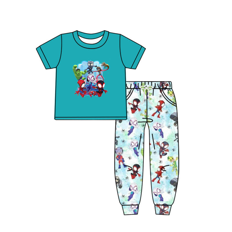 custom cartoon hero green short sleeve pants boys set