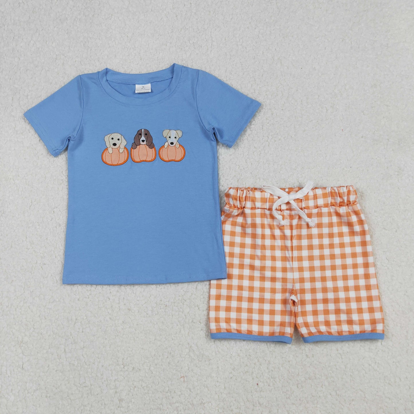 BSSO1547 Autumn dog pumpkin blue short sleeve orange checkered shorts boys set
