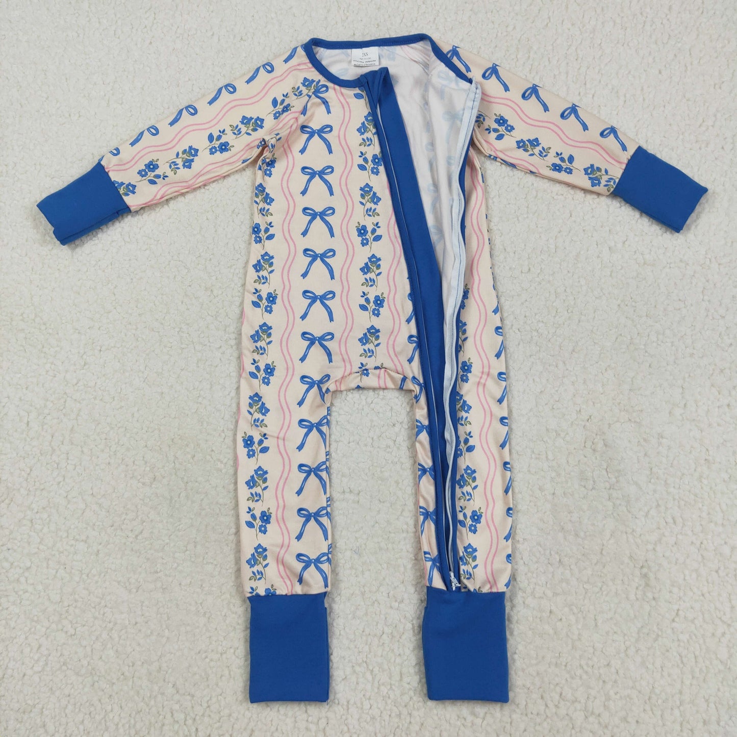 Custom moq 20 bamboo blue flowers bows long sleeve zipper girls romper