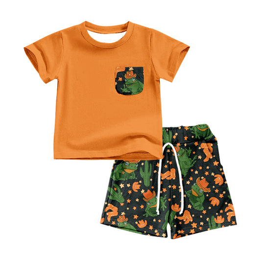 Preorder Western Orange Pocket Short Sleeve Frog Cactus Star Hat Shorts Boys Set