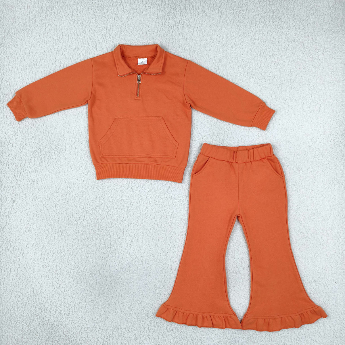 GLP3490 Orange Sweatshirt Pocket Zipper Long Sleeve Pants Girls Set