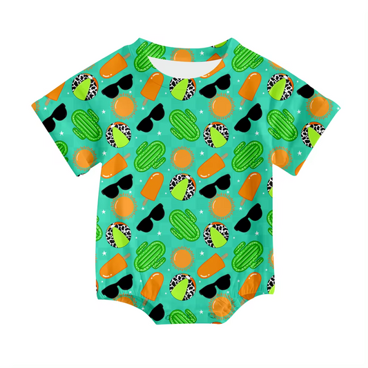 Custom Western style sun cactus green short sleeve boys romper