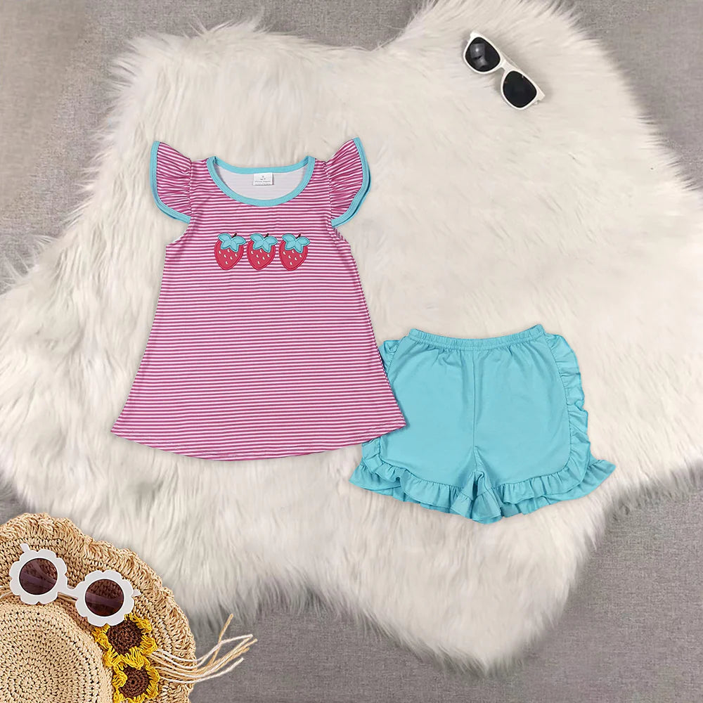 Embroidery cute strawberry girls set RTS Sibling Clothes