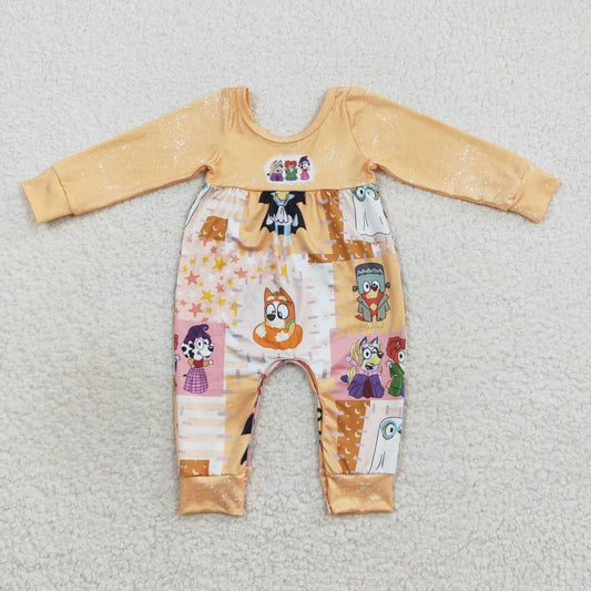LR0637 Halloween cartoon dog sorceress orange long sleeve girls romper