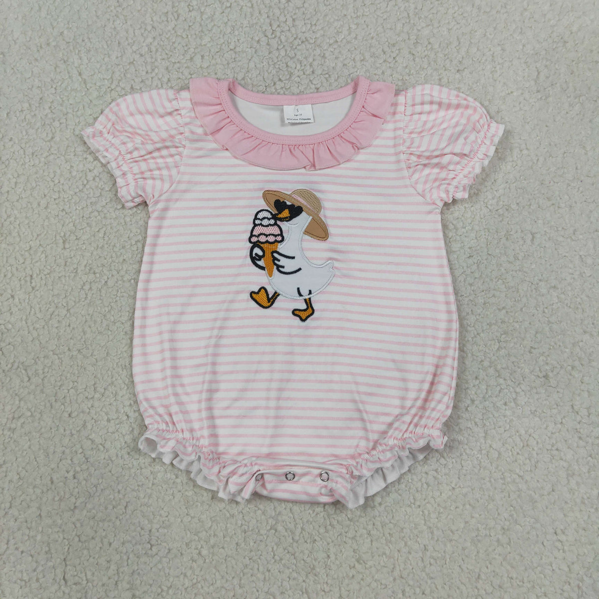 Embroidery SR4101 Goose Pink Striped Short Sleeve Girls Romper