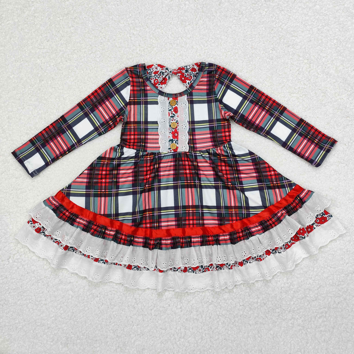 GLD0838 Christmas green red checkered long sleeve girls dress