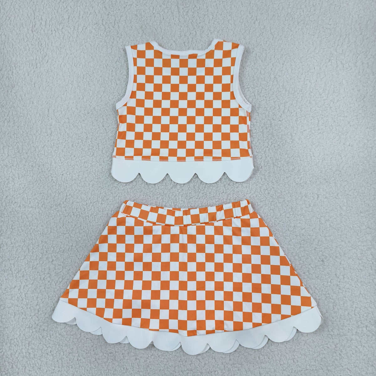 GSD4282 Yoga Team Orange Checkered Sleeveless Bows Skorts Girls Set
