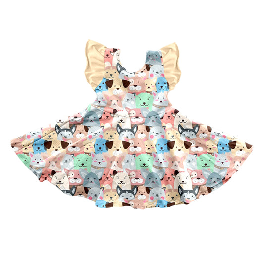 Custom Moq 3 Cartoon Animals Yellow Flutter Sleeve Girls Dress