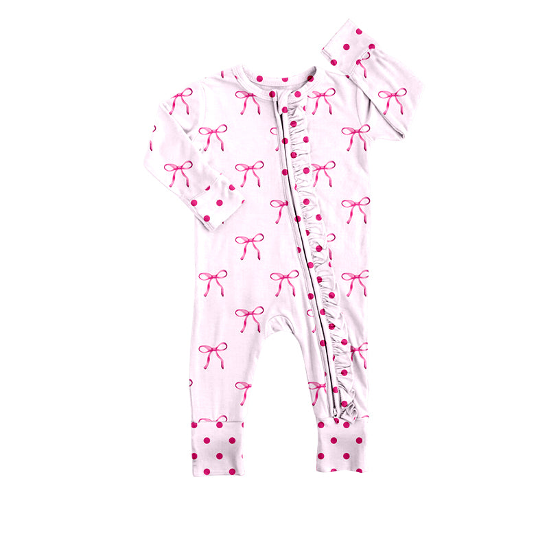 custom style pink bows long sleeve zipper girls romper