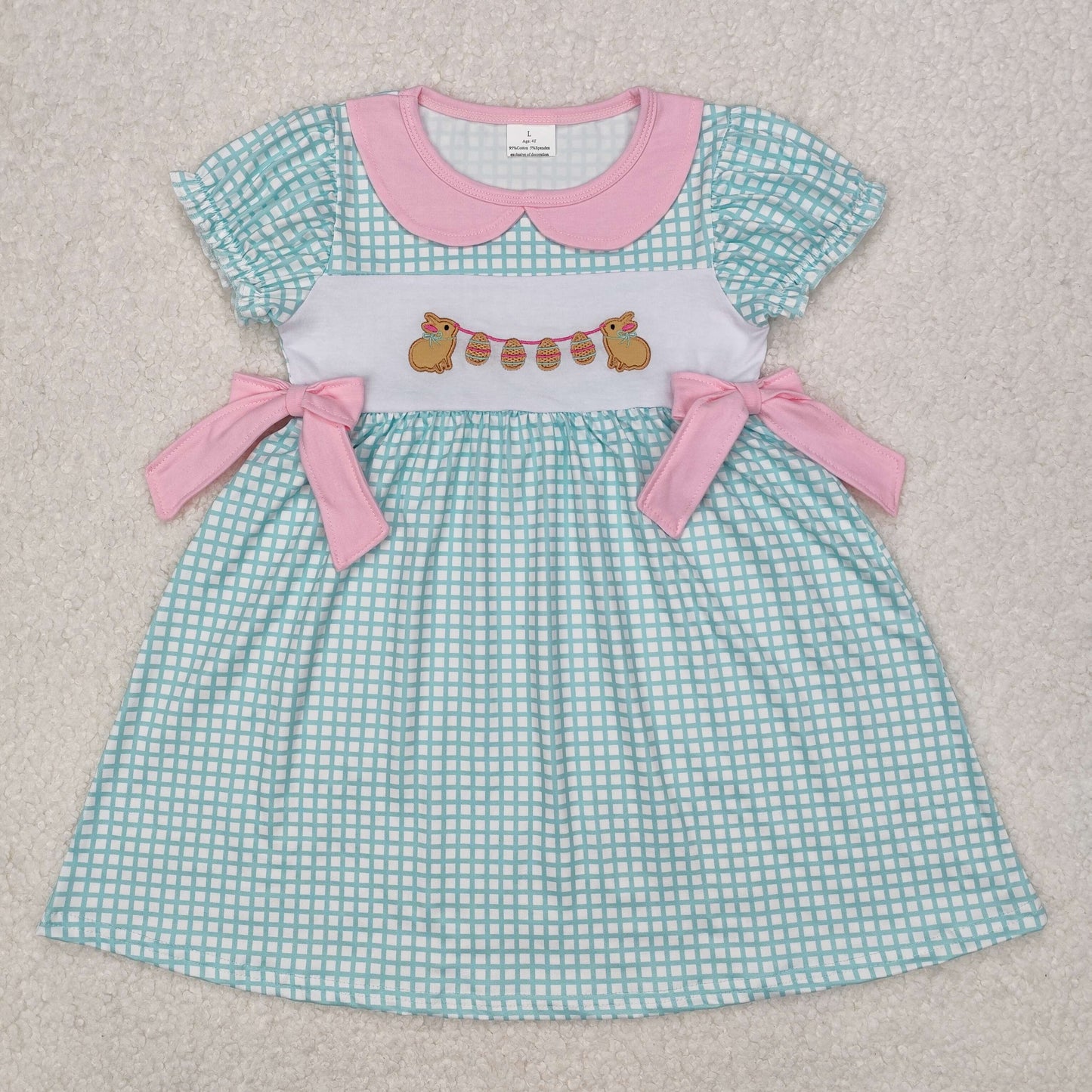 embroidery GSD1773 Easter bunny rabbit egg bows mint color checkered short sleeve girls dress