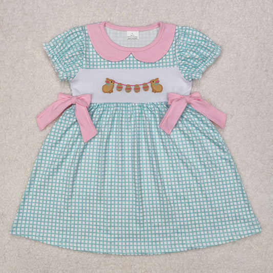 embroidery GSD1773 Easter bunny rabbit egg bows mint color checkered short sleeve girls dress