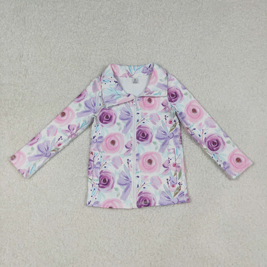 GT1083 yoga pink/purple flowers bows zipper long sleeve girls coat