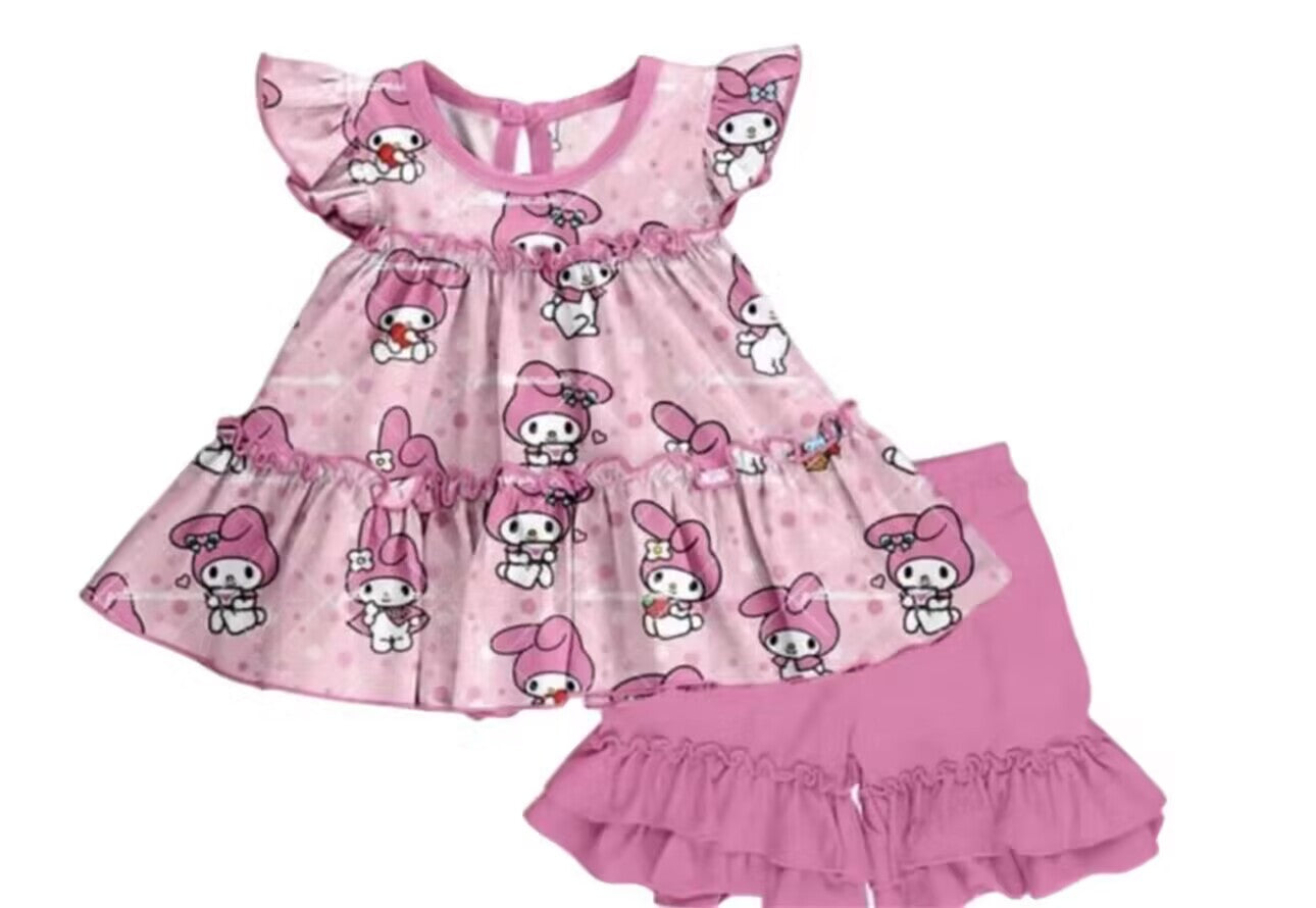 custom cartoon cute rabbit pink flutter sleeve pink shorts girls set