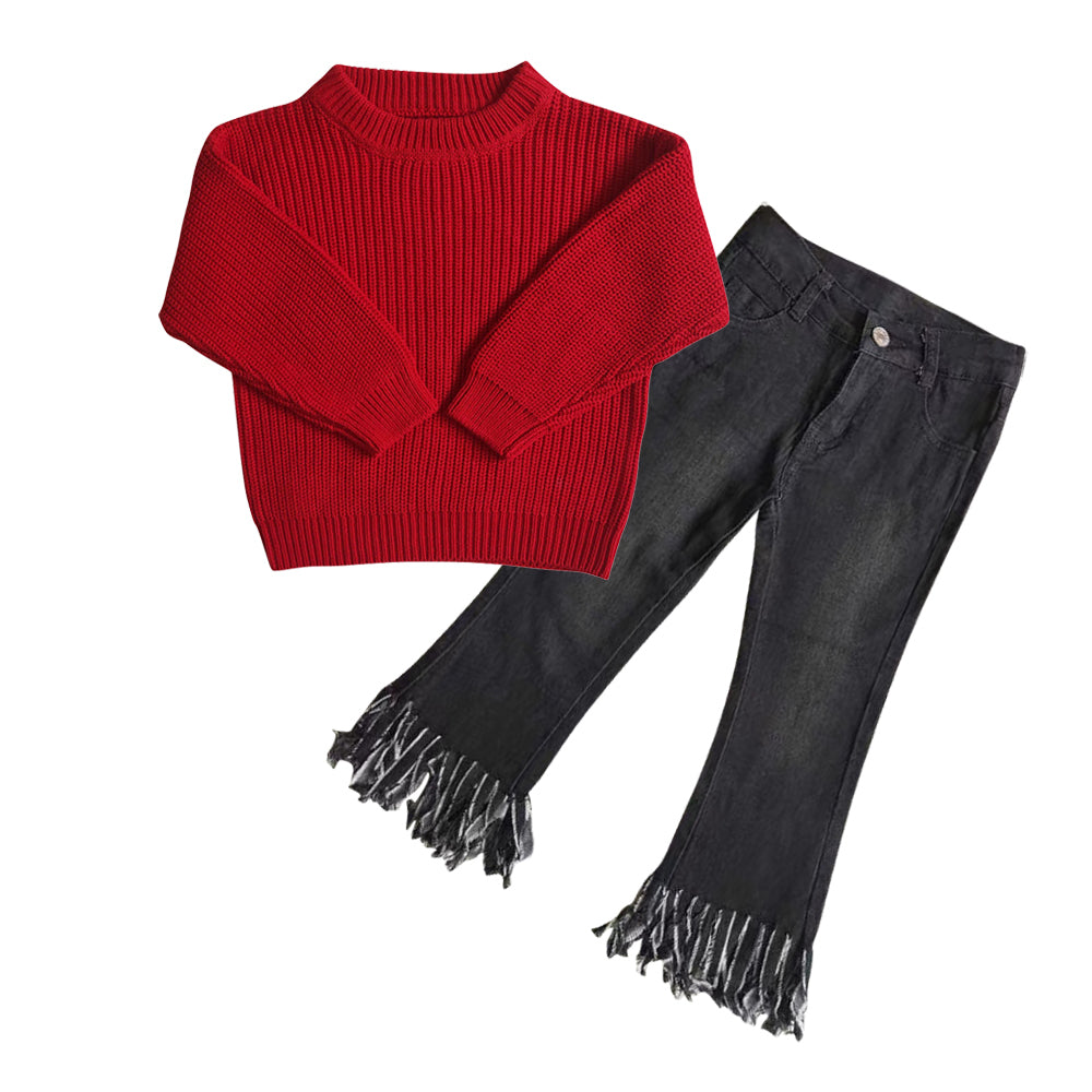 GLP0830 Red sweater long sleeve black tassels denim pants girls set