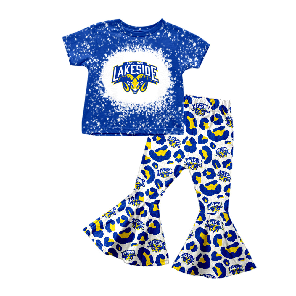 custom football LAKESIDE blue short sleeve leopard pants girls set