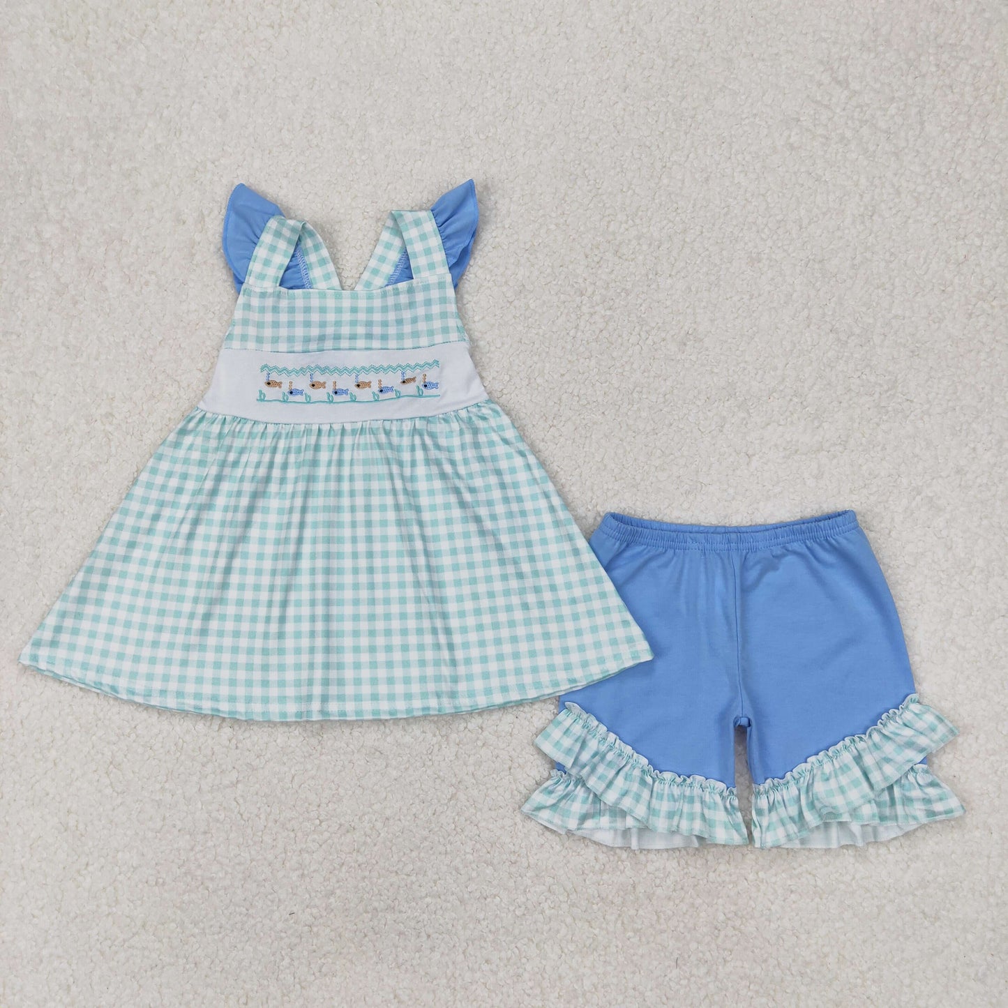 GSSO2148 embroidery fish green checkered flutter sleeve blue shorts girls set