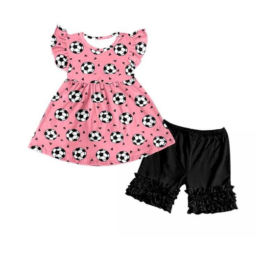 ( Custom Style ) Pink Flutter Sleeve Soccer Black Shorts Baby Girls Set