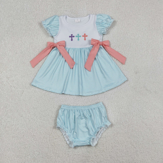 embroidery GBO0480 Easter cross blue bows short sleeve girls bummies set