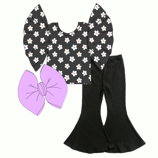 custom S 10.13 Black Flowers Short Sleeve Pants Girls Set