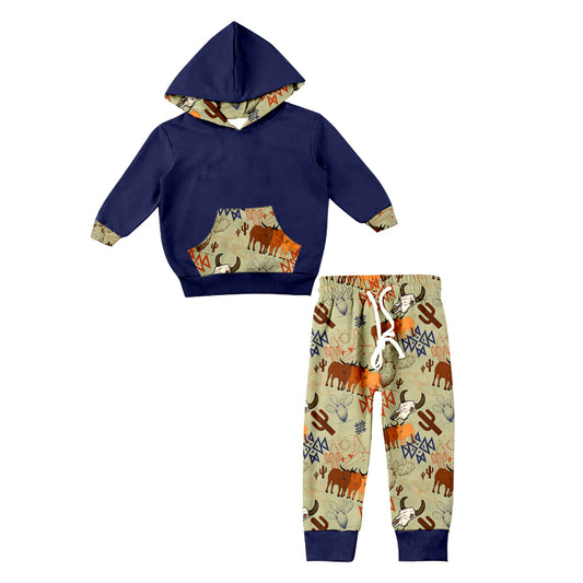 preorder BLP0348 Western cow cactus navy hoodie boys set