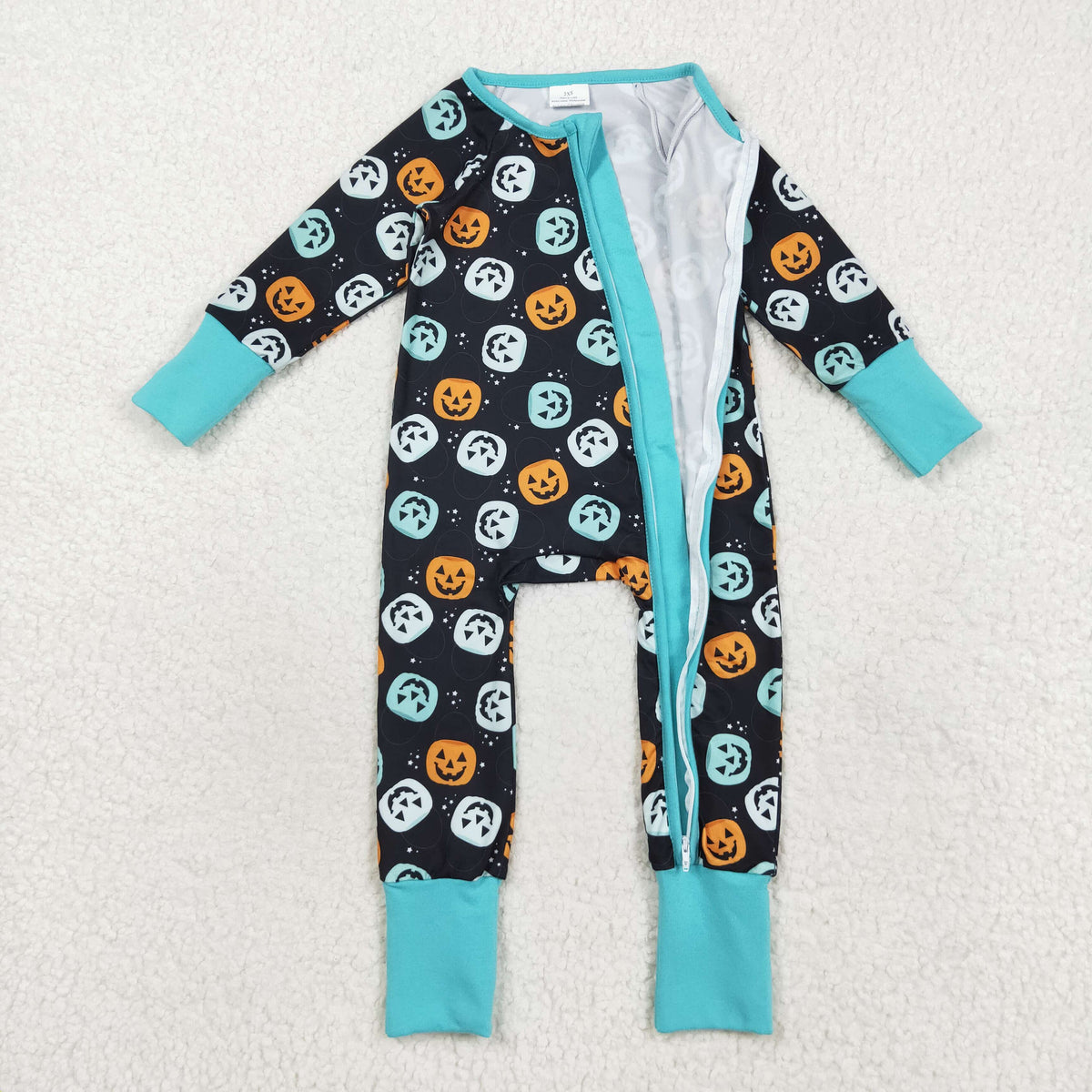 LR2465 Halloween smile pumpkin blue black zipper long sleeve boys romper