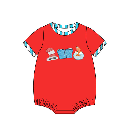 MOQ 3 Custom Cartoon Dr Book Fish Red Short Sleeve Boys Romper