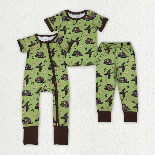 Hunting Camo Mallard Duck Green Romper/Pajamas RTS Sibling Clothes