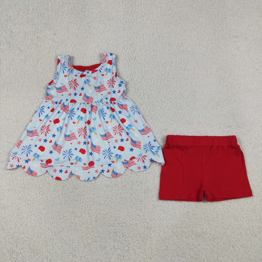 GSSO3386 Scallop July 4th Flag Sleeveless Red Shorts Girls Set