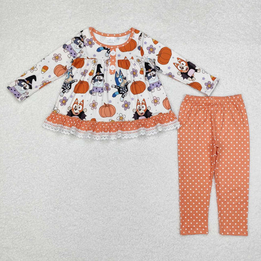 GLP1651 Halloween pumpkin blue dog long sleeve orange pants girls set