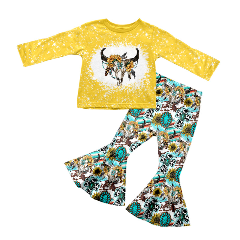 preorder GLP0771 Western cow sunflowers turquoise yellow long sleeve pants girls set