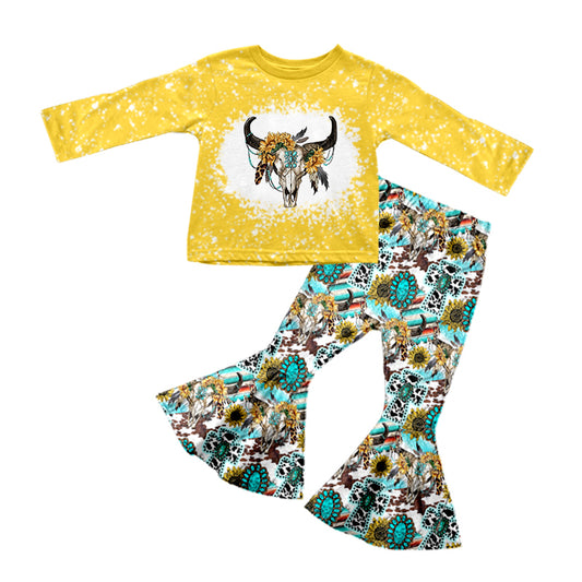 preorder GLP0771 Western cow sunflowers turquoise yellow long sleeve pants girls set