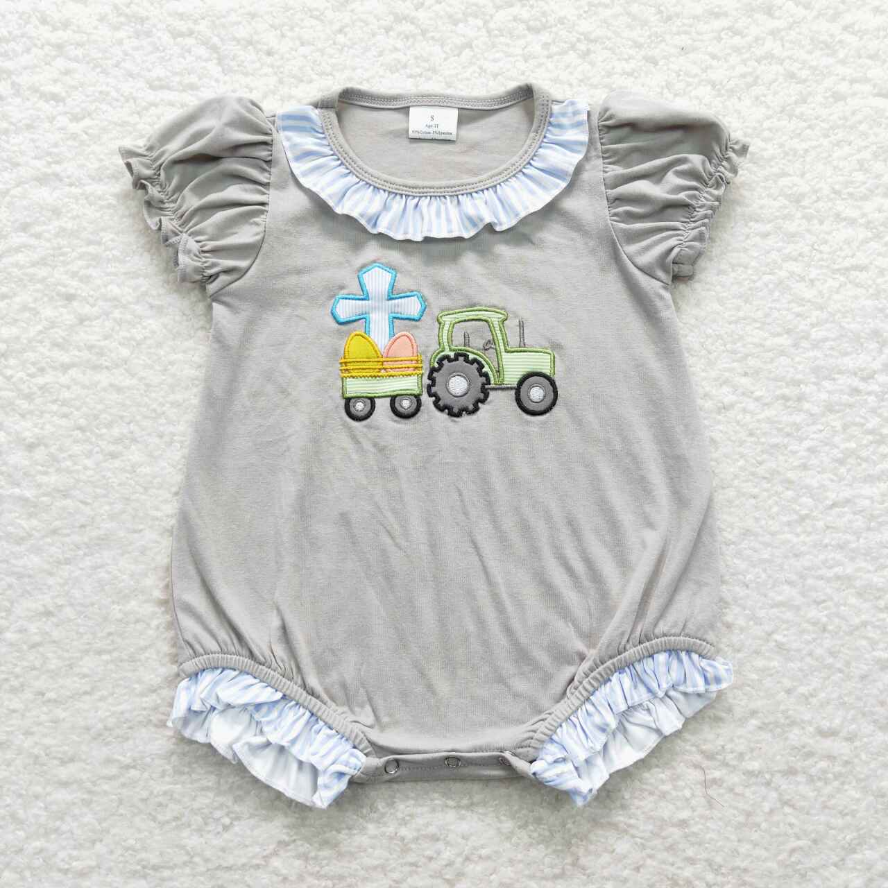 SR0491 Embroidery Easter egg truck grey short sleeve girls romper