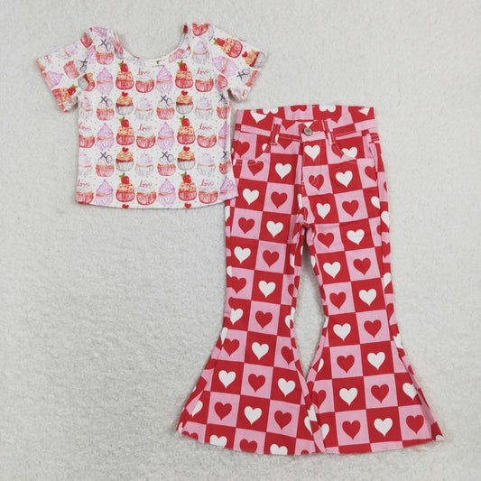 GSPO1362 Valentine's Day XO Cake Pink Short Sleeve Heart Pink Checkered Denim Pants Girls Set